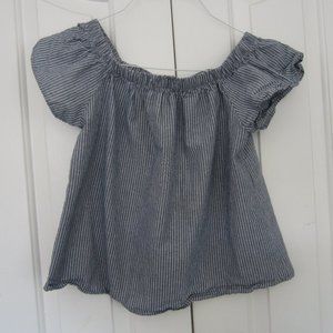 Pinstripe Blue Striped Puffy Sleeved Loose Boho Blouse Casual Wide Neck Mexican